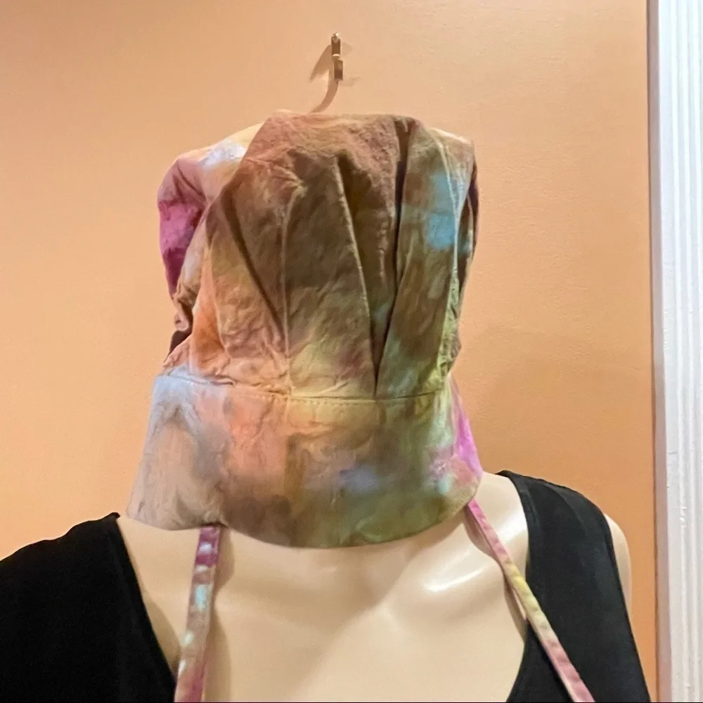 Tie Dye adult unisex apron four pocket matching toque chef's hat earth tones